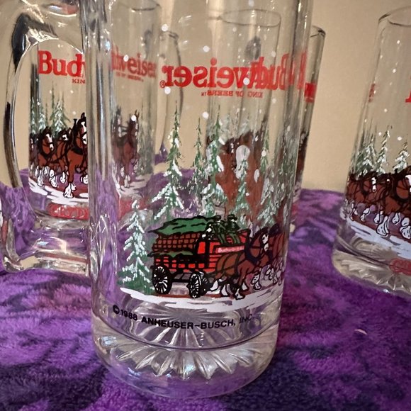 4 VINTAGE 1988 BUDWEISER CLYDESDALES HOLIDAY 12OZ BEER MUGS - Picture 3 of 4